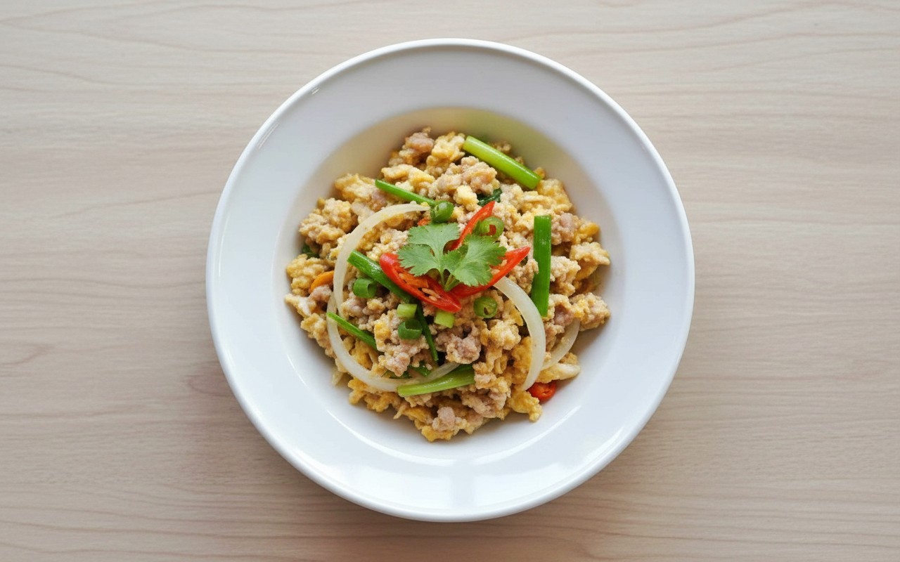 Scrambled Eggs with Chopped Pork and Onion