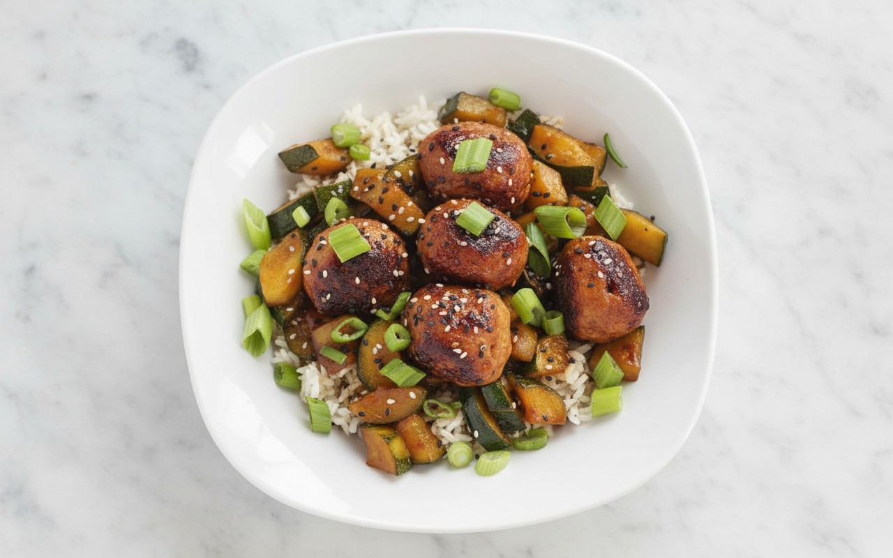 Asian Style Meatballs with Zucchini and Rice