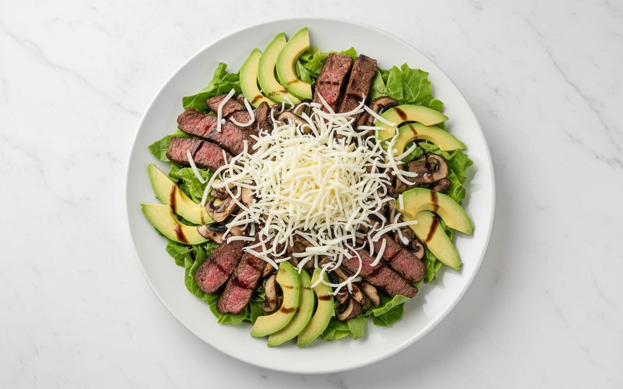 Beef, Grilled Mushroom, Avocado and Cheese Salad