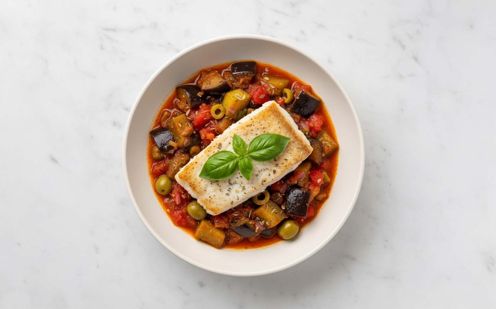 Fish with Eggplant Stew and Olives