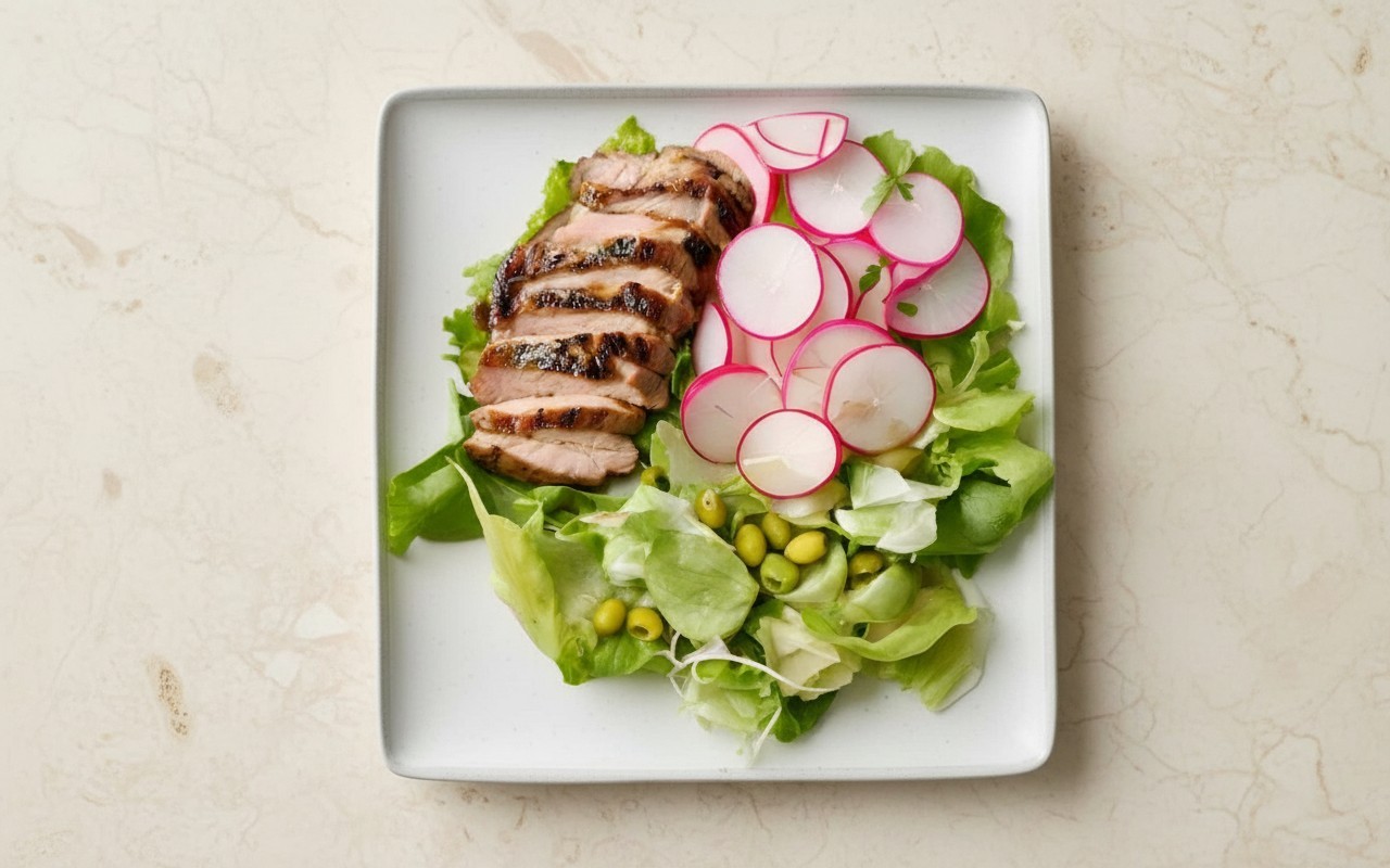 Grilled Pork with Radish and Olive Salad