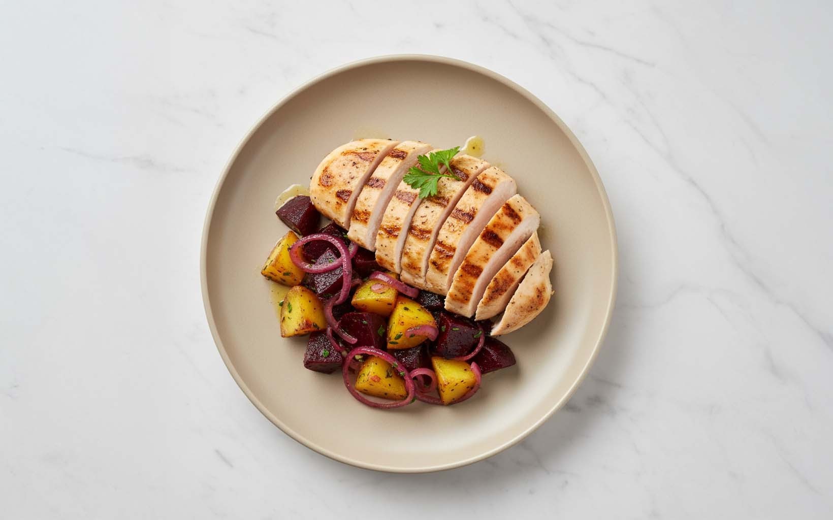 Grilled Chicken with Beets, Onion and Potato Salad