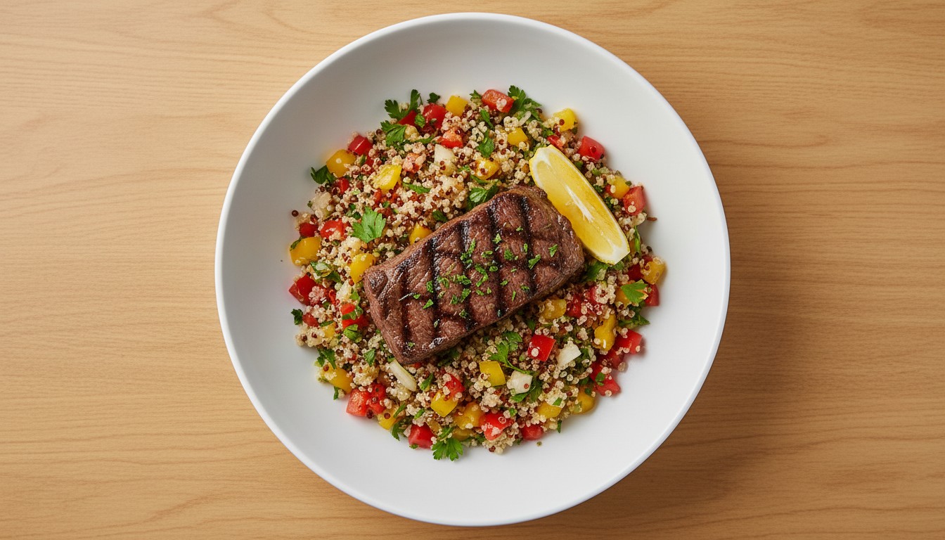 Quinoa Salad with Bell Pepper and Grilled Beef