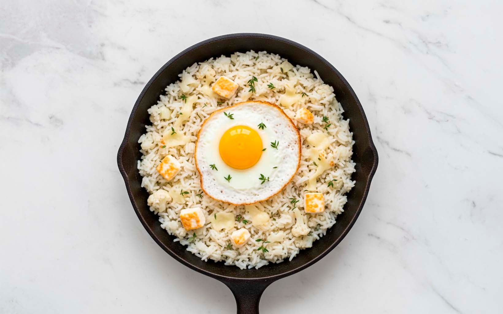 Arroz con Coliflor y Queso y Huevo Frito
