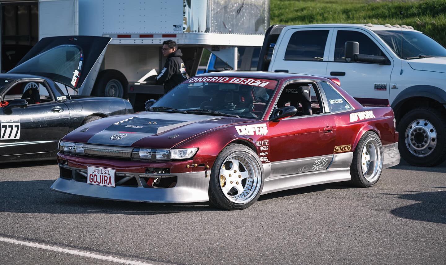 Maroon 1993 Nissan 240SX drift car on Work Meister wheels