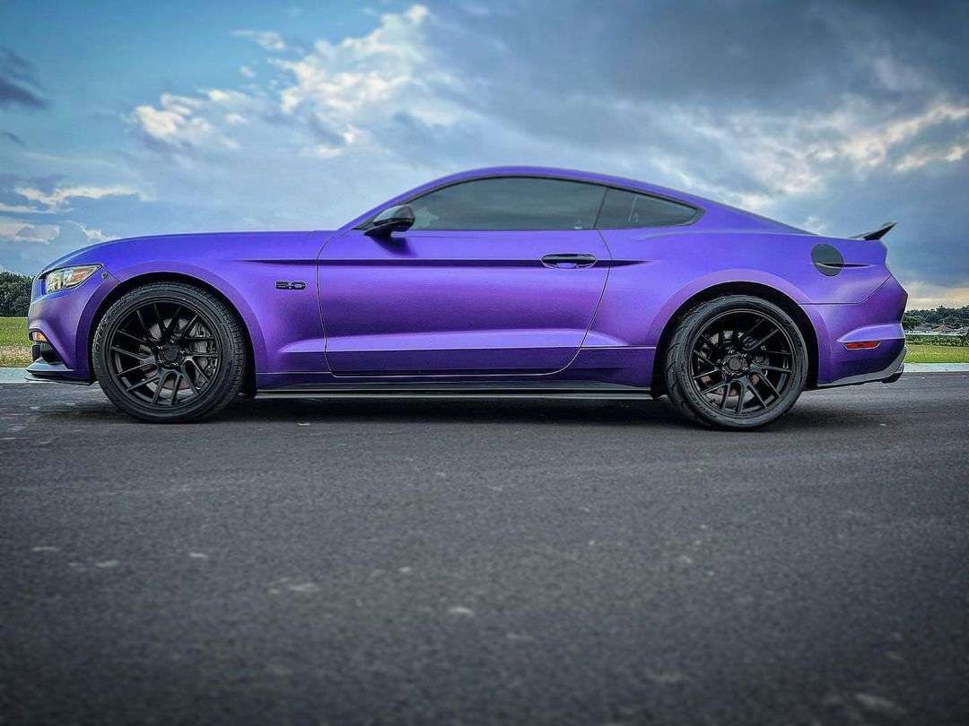 2015 Ford Mustang fitted with Anovia Elder - Raven Black 19x9 15mm wheels