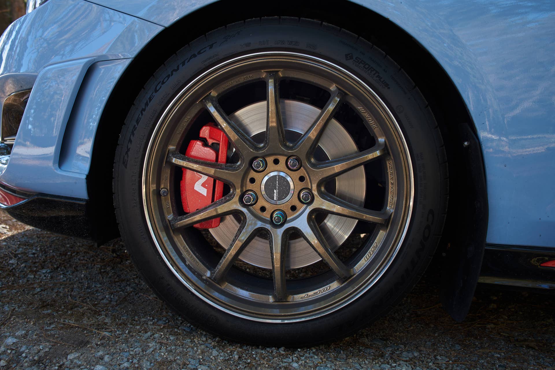 Close-up of a Work Emotion ZR10 wheel on a Hyundai Elantra N