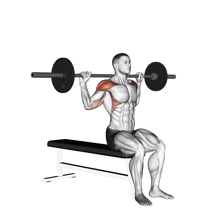 Demonstration of the barbell seated behind head military press heavy