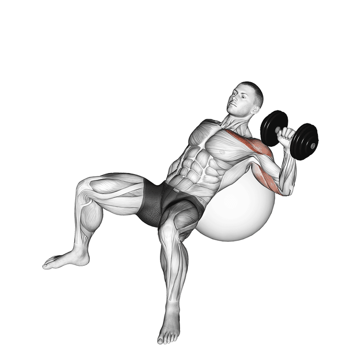 Demonstration of the dumbbell incline one arm press on exercise ball