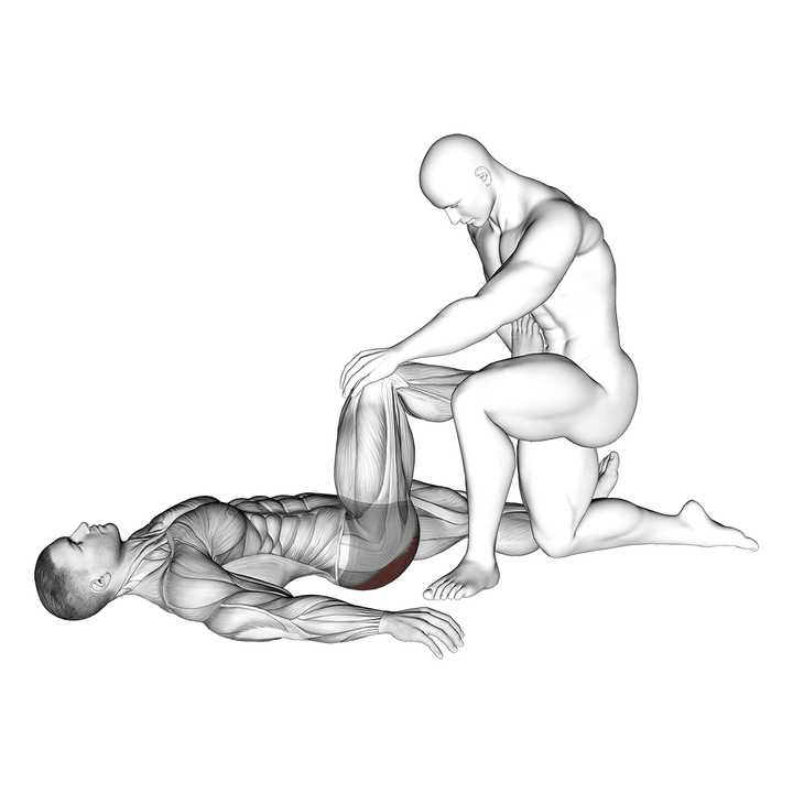 Demonstration of the wide style assisted lying glutes stretch