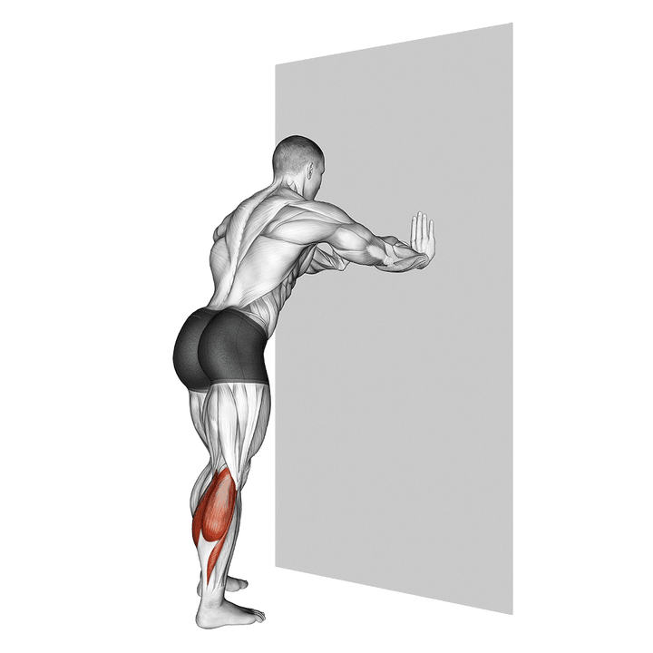 Demonstration of the calf stretch with hands against wall