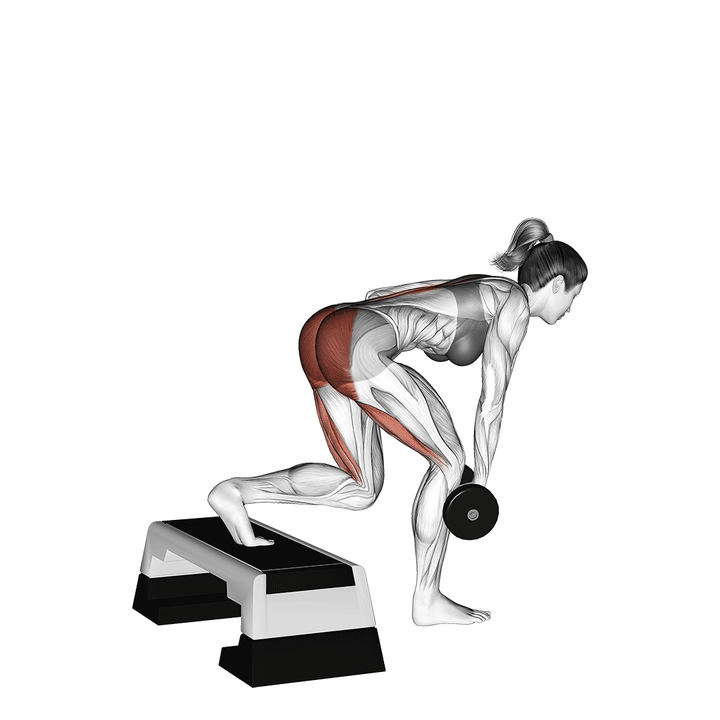 Demonstration of the dumbbell single leg deadlift with stepbox support