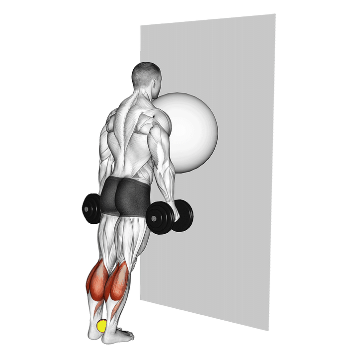Demonstration of the exercise ball on the wall calf raise (tennis ball between ankles)