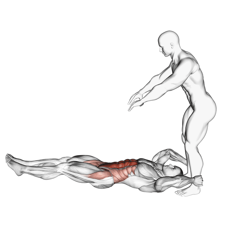 Demonstration of the assisted lying leg raise with throw down