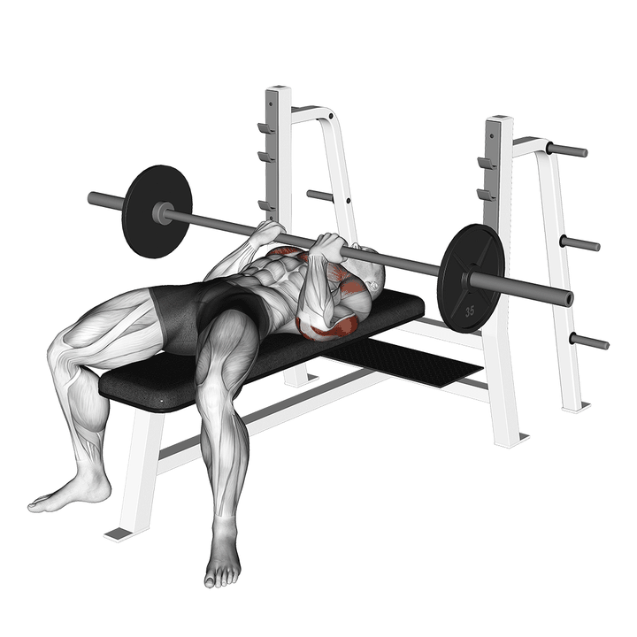 Demonstration of the barbell reverse close-grip bench press with triple
