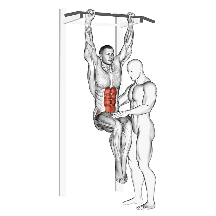 Demonstration of the assisted hanging knee raise with throw down