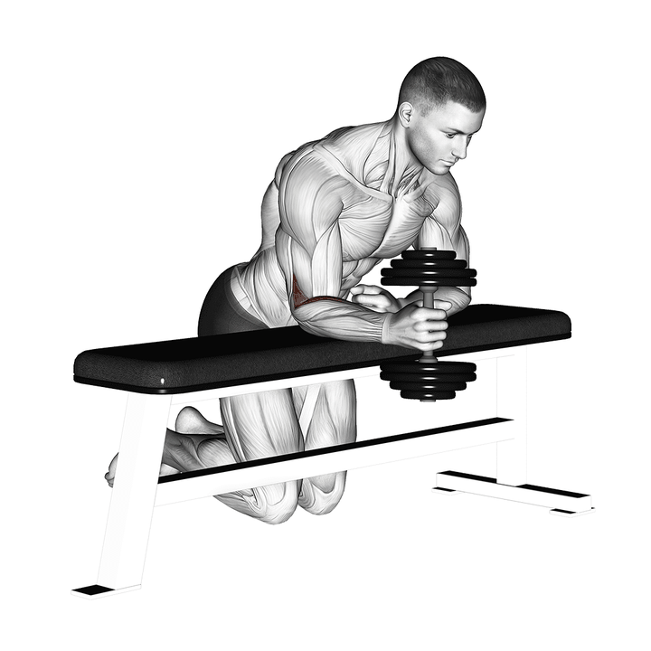 Demonstration of the dumbbell over bench one arm neutral wrist curl