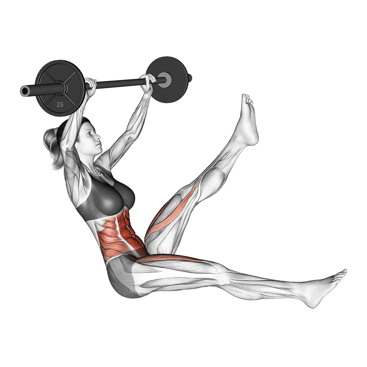 Demonstration of the barbell sitted alternate leg raise (female)