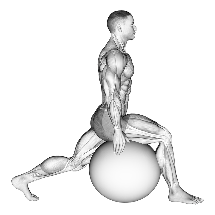 Demonstration of the exercise ball hip flexor stretch wall