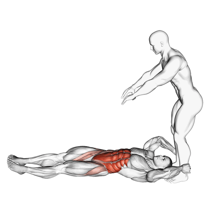 Demonstration of the assisted lying leg raise with lateral throw down