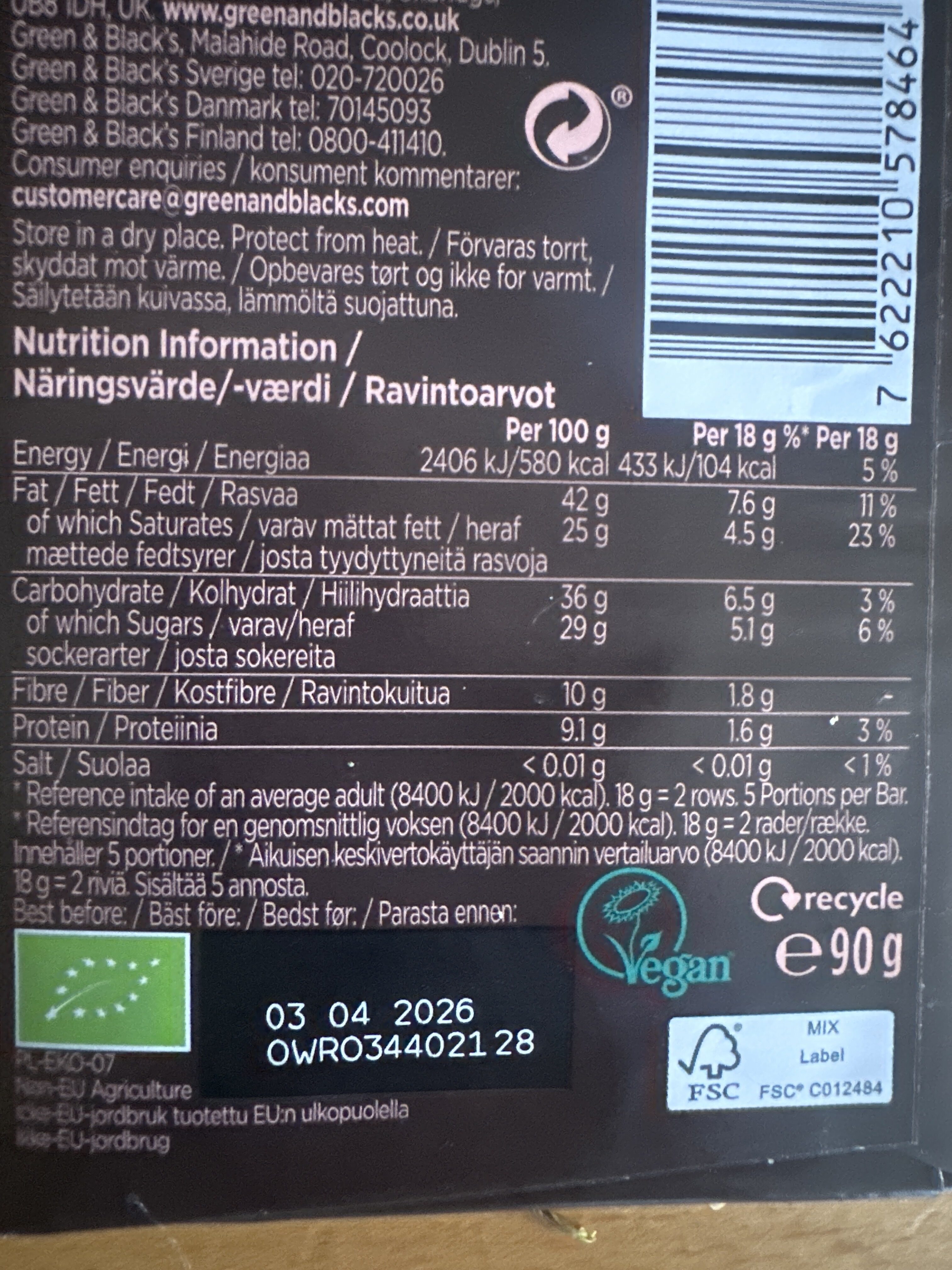 Green & Black's Organic 70% Dark Chocolate Bar