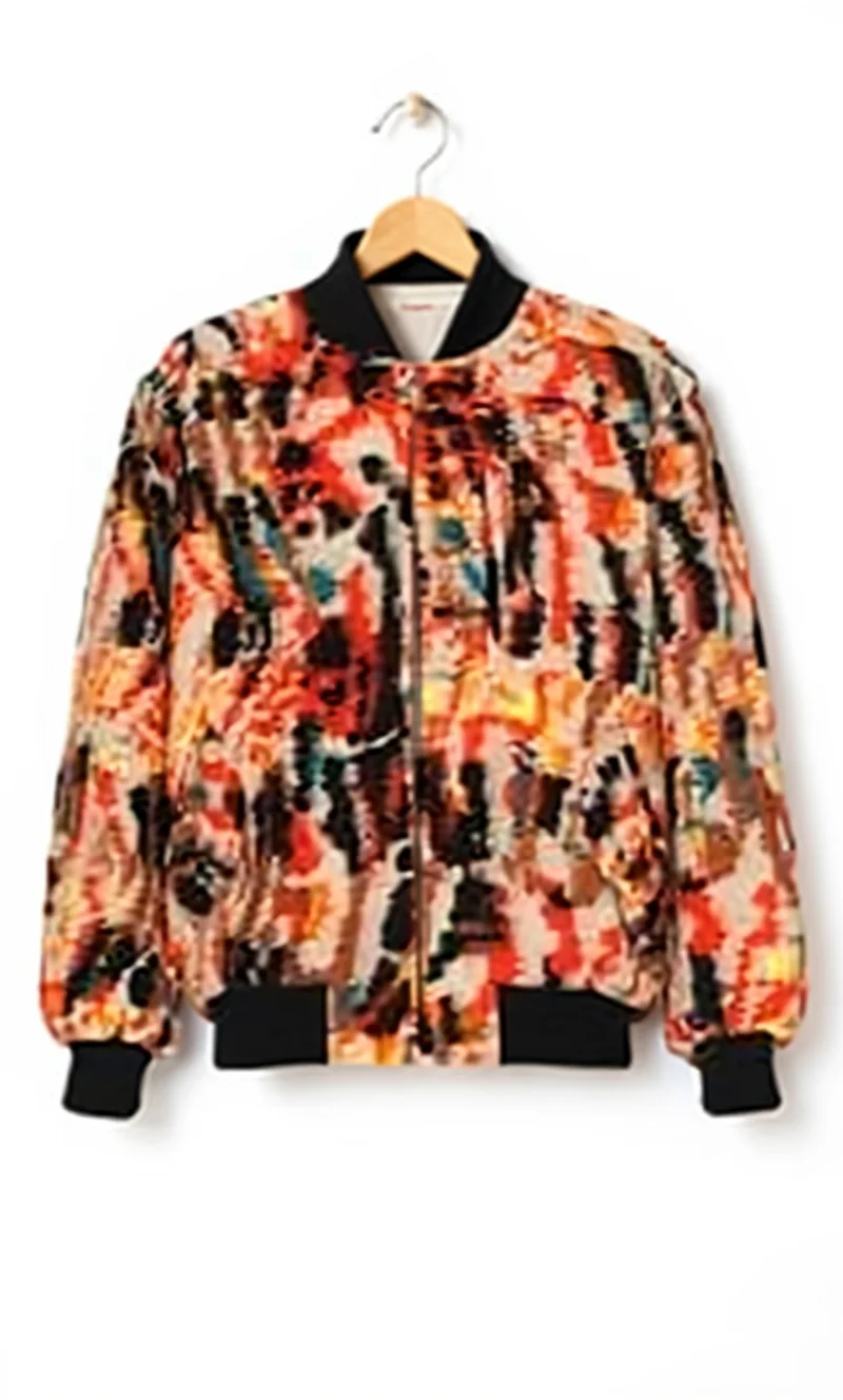 A product photo of a colorful bomber jacket hanging on a wooden hanger against a white background. The jacket features an abstract watercolor-style print with vibrant orange, red, black, and teal splashes of color creating an artistic, fluid pattern across the entire garment. The jacket has a black ribbed collar, cuffs, and waistband. It has a front zipper closure and a traditional bomber jacket silhouette with slightly puffy sleeves. The jacket is photographed flat-lay style, centered on the hanger, showing the full front view. The image has a clean, commercial product photography style with even lighting and no shadows.