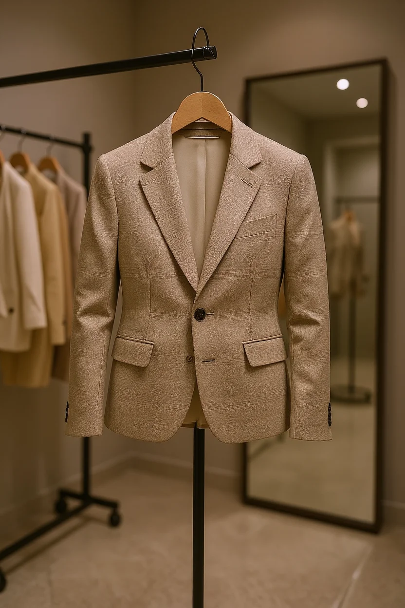 A professional photograph of a beige wool blazer hanging on a black metal clothing rack in a retail store. The blazer features a single button closure, notched lapels, and two front flap pockets. The fabric has a subtle textured pattern and is well-pressed with clean lines. The blazer is displayed on a wooden hanger with a black metal hook. In the background, there is a large floor-length mirror with a dark frame, partially visible on the right side of the image. A clothing rack with other garments is visible on the left side, slightly out of focus. The lighting is warm and professional, creating soft shadows and highlighting the natural texture of the blazer's fabric. The image has a shallow depth of field, with the blazer in sharp focus while the background elements are slightly blurred.
