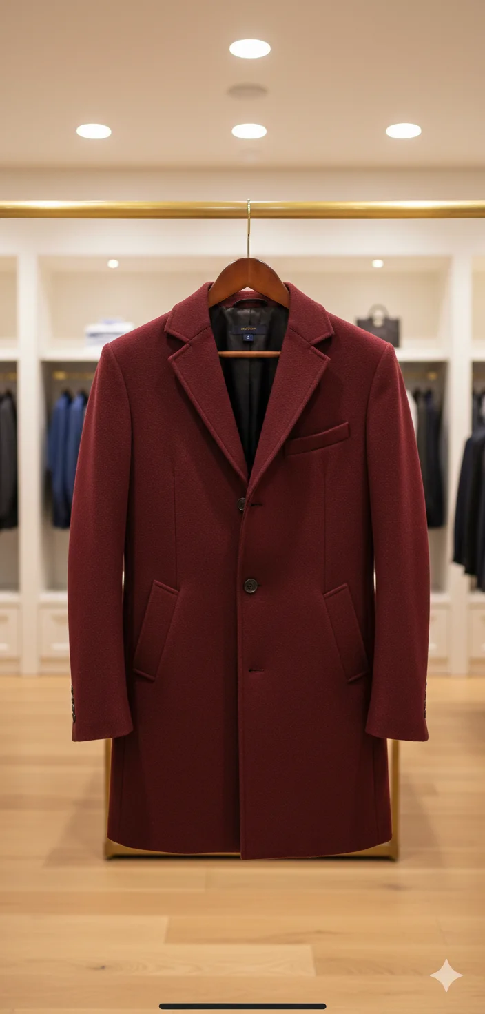 A high-end men's burgundy wool overcoat hanging on a wooden hanger in a retail clothing store. The coat features a classic two-button front closure, notched lapels, and two front patch pockets. The coat is displayed on a wooden mannequin stand against a light wooden floor. The background shows a retail store interior with recessed circular LED lighting in the ceiling creating a warm ambient glow. The store's walls are painted in a neutral cream color, and there are blurred clothing racks visible in the background containing blue and black garments. The coat's fabric has a fine wool texture and rich burgundy color. The image is shot from a straight-on perspective with professional retail lighting that highlights the garment's details and craftsmanship.