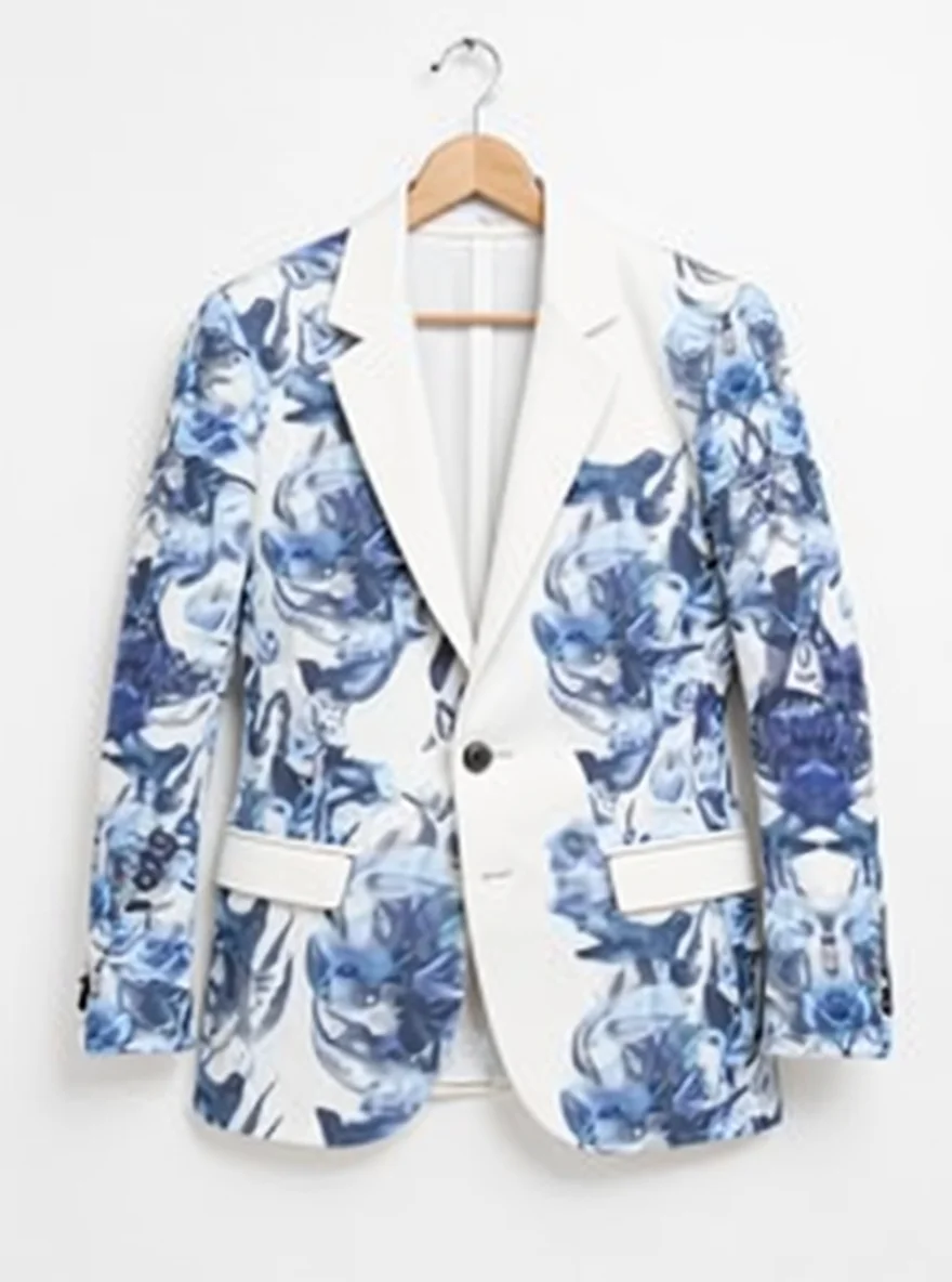 A professional photograph of a men's blazer hanging on a wooden hanger against a plain white background. The blazer features a striking blue and white floral print pattern with abstract watercolor-style flowers scattered across the entire garment. The base color is white with navy blue, light blue, and gray floral designs. The blazer has a classic single-breasted cut with one visible button, notched lapels, and two front flap pockets with white pocket squares. The sleeves are long with standard cuffs, and the shoulders are well-structured. The blazer is photographed straight-on, showing the complete garment from shoulder to hem. The wooden hanger has a natural finish and silver-colored metal hook. The image has clean studio lighting that highlights the texture and details of the fabric while casting subtle shadows beneath the garment.