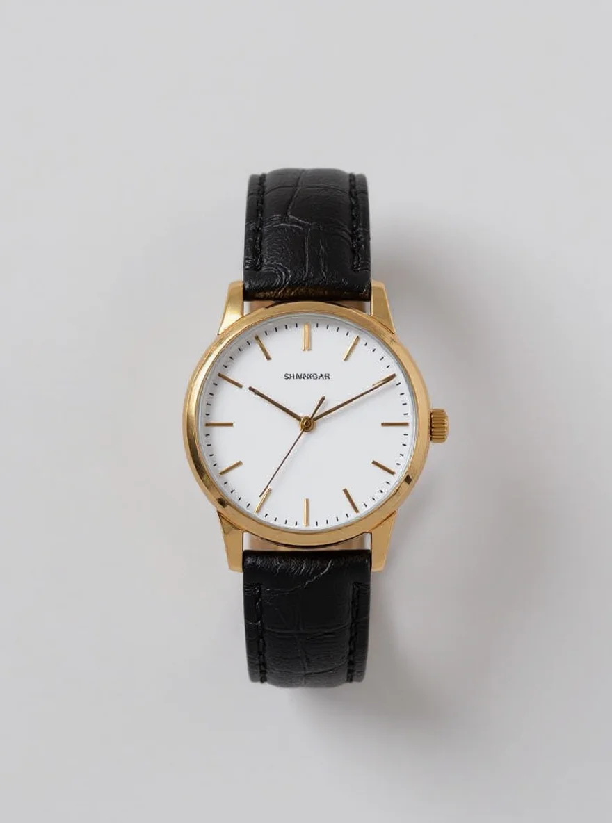 A minimalist wristwatch photographed on a plain light gray background. The watch has a gold-toned round case with a white dial face. The watch face features simple gold-toned hour markers and hands. The text "SHANNON" is in small gold letters at the 12 o'clock position. The watch is fitted with a black leather strap with a crocodile-textured pattern and visible stitching along the edges. The leather strap has a subtle sheen and is 20mm wide. The watch case has a slim profile and is 38mm in diameter. The image is shot from directly above, creating a clean, professional product photograph with soft, even lighting that casts a subtle shadow beneath the watch.