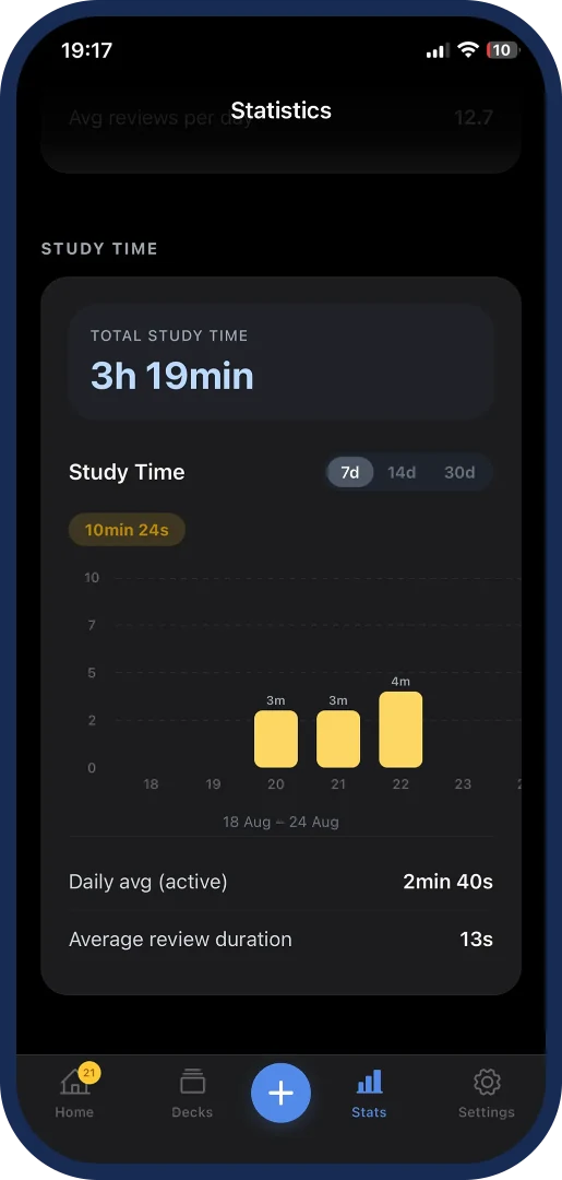 The statistics screen in dark mode
