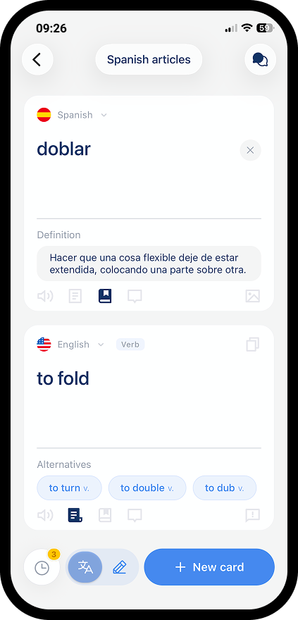 flangu app — flashcard created automatically from a translated word