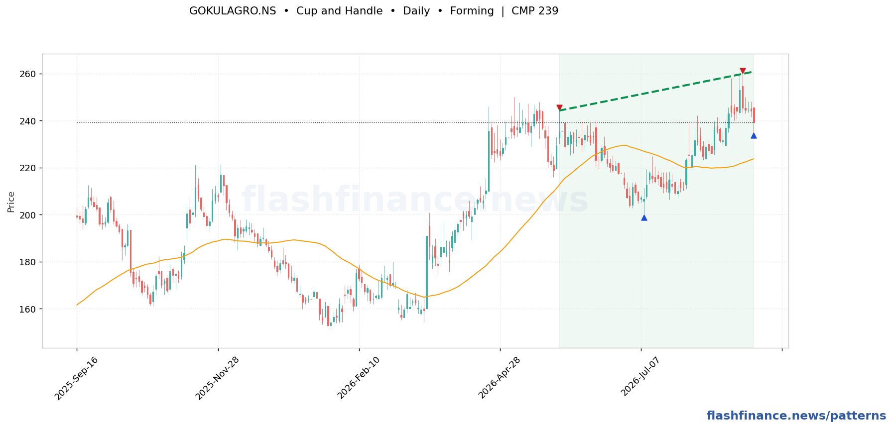 GOKULAGRO cup and handle pattern on daily candles with boundaries, swing pivots and target marked