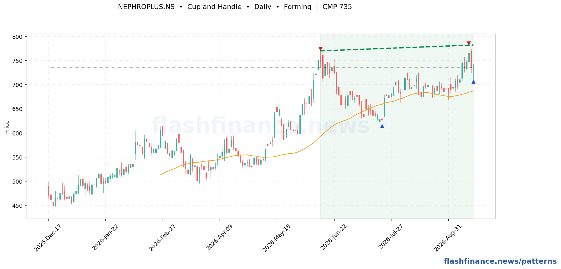 NEPHROPLUS cup and handle pattern on daily candles with boundaries, swing pivots and target marked