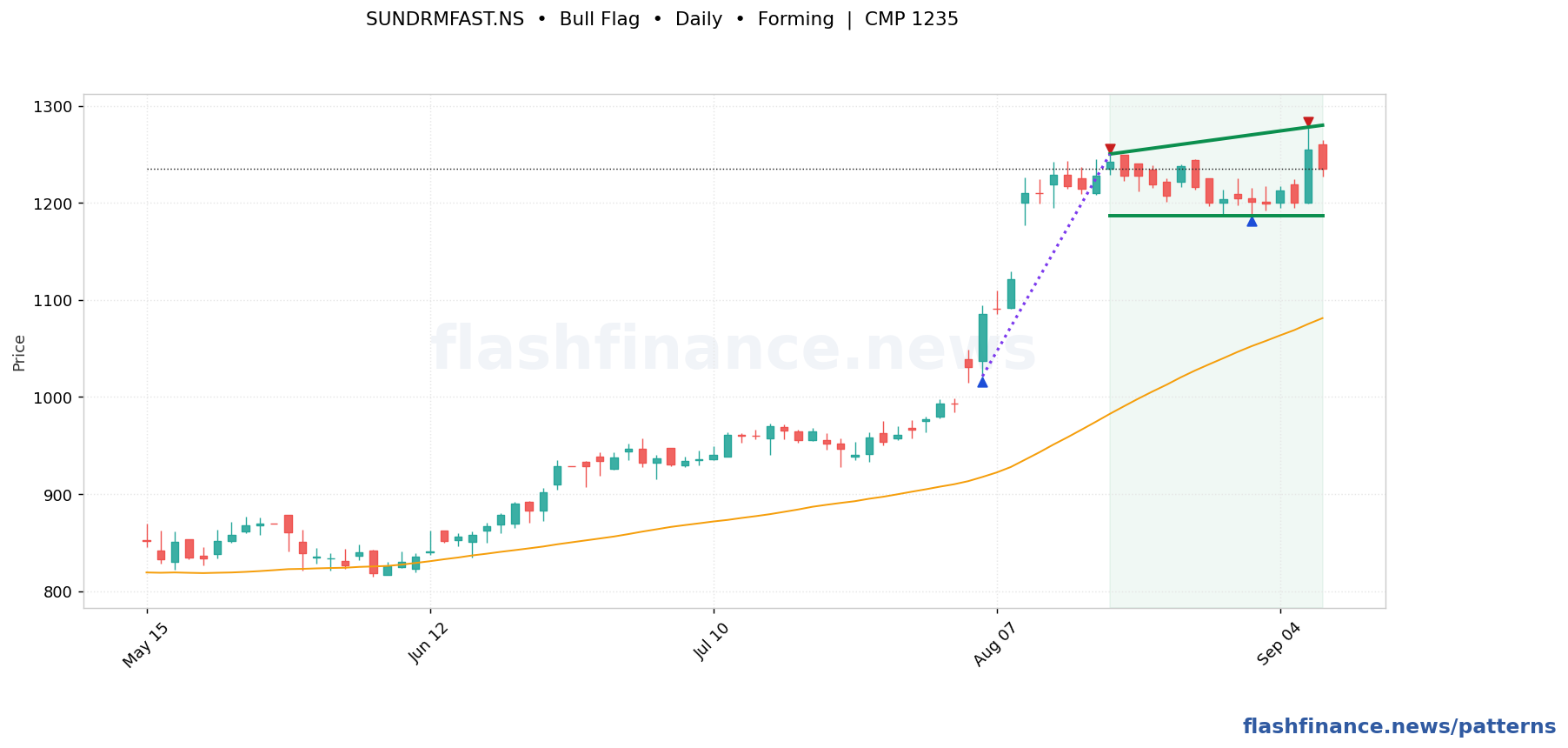 SUNDRMFAST bull flag pattern on daily candles with boundaries, swing pivots and target marked