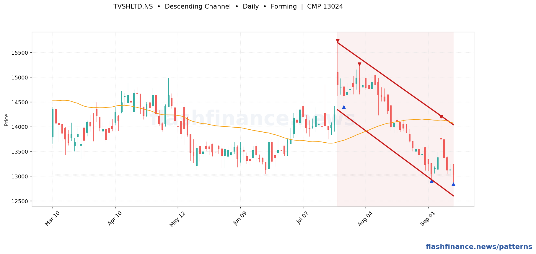 TVSHLTD double top pattern on daily candles with boundaries, swing pivots and target marked