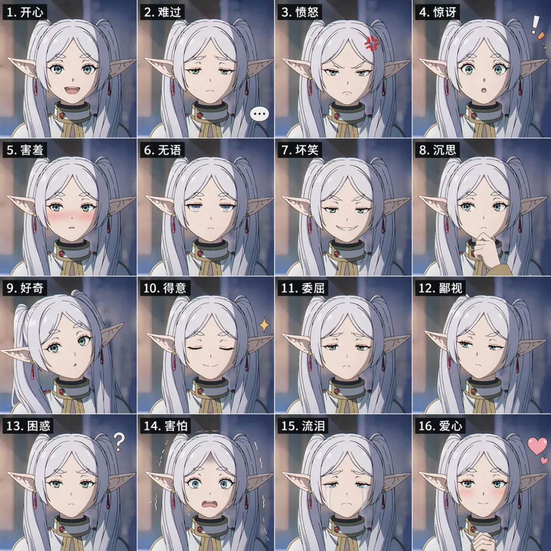 16-Panel Anime Expression Grid