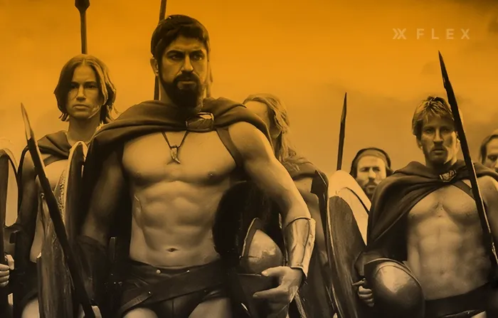 Scene from the movie 300 showing Greek warrior body aesthetics