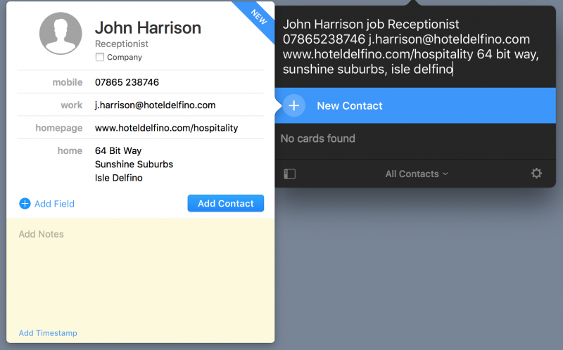 Adding a new contact in Cardhop with the template applied