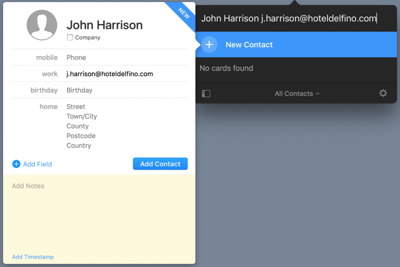 A new contact with the default label set to work