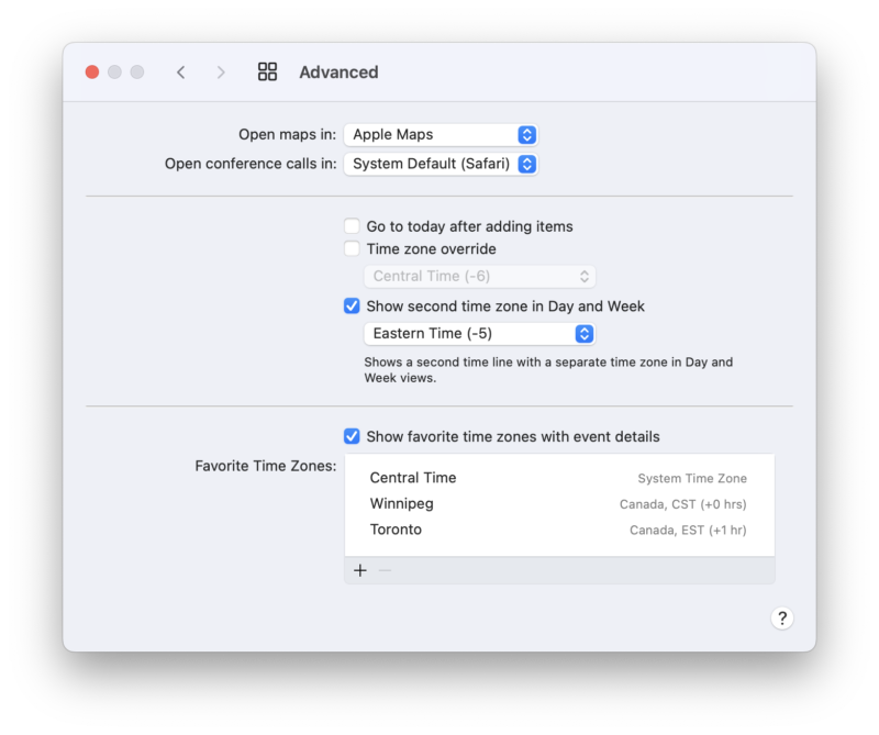 Screenshot of Fantastical's Advanced Settings pane showing all of the options for time zone manipulation. 