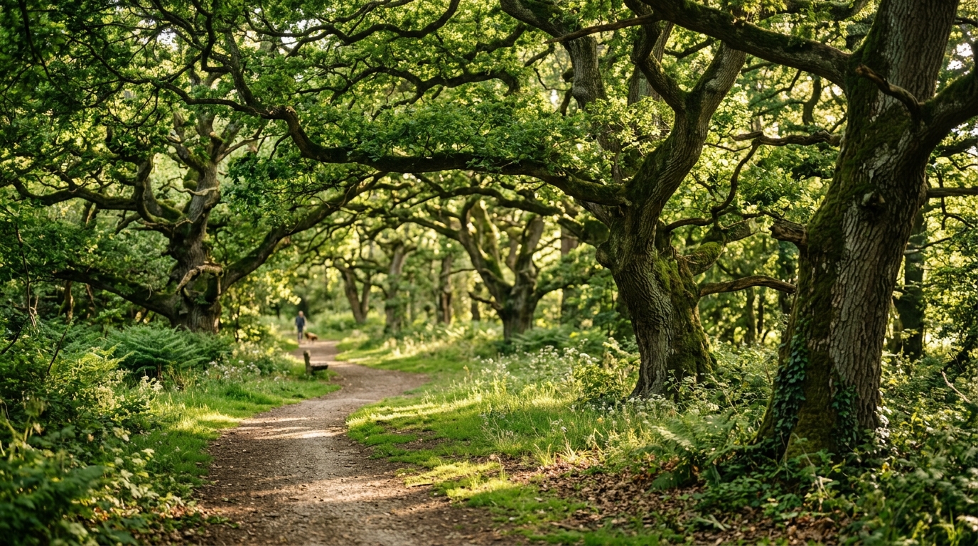 Sunlight filtering through ancient oak trees
