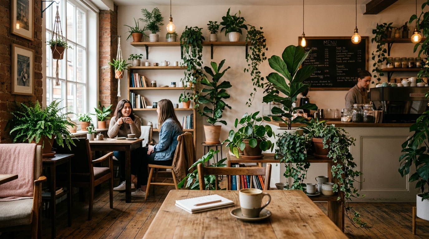 A cozy cafe interior with plants