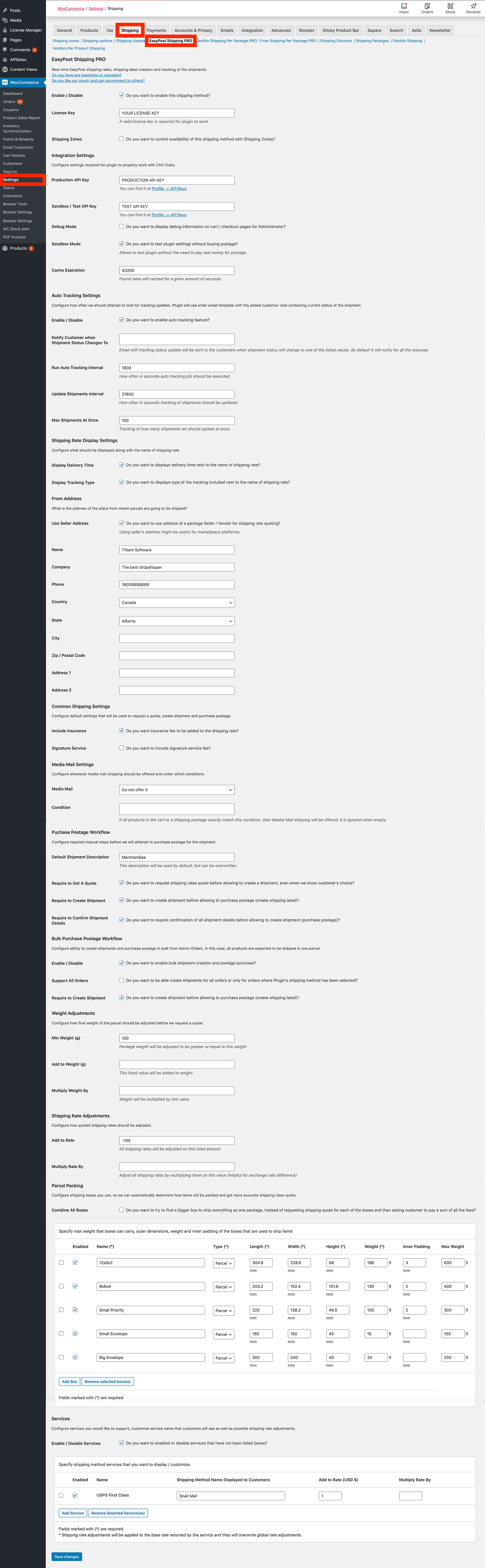Multi-Carrier / All in One EasyPost Shipping PRO for WooCommerce settings
