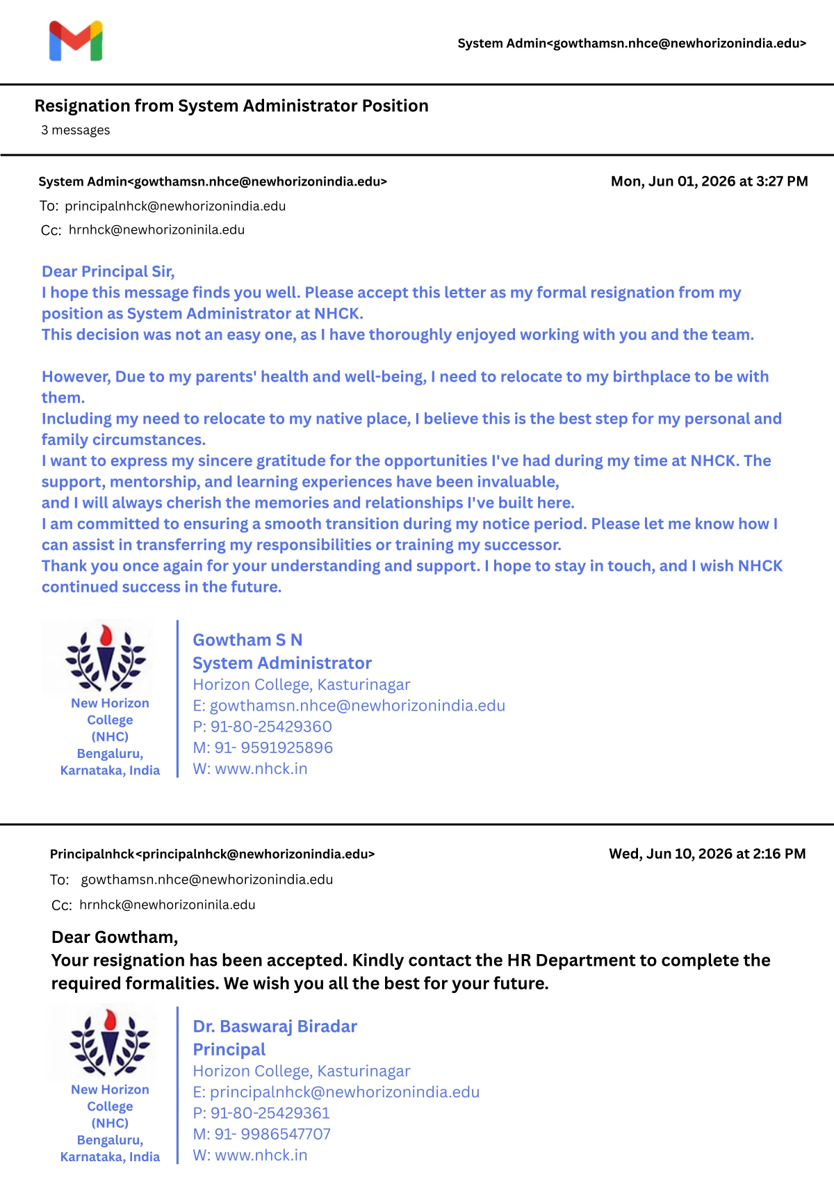 newhorizonindia.edu Mail Resignation cover