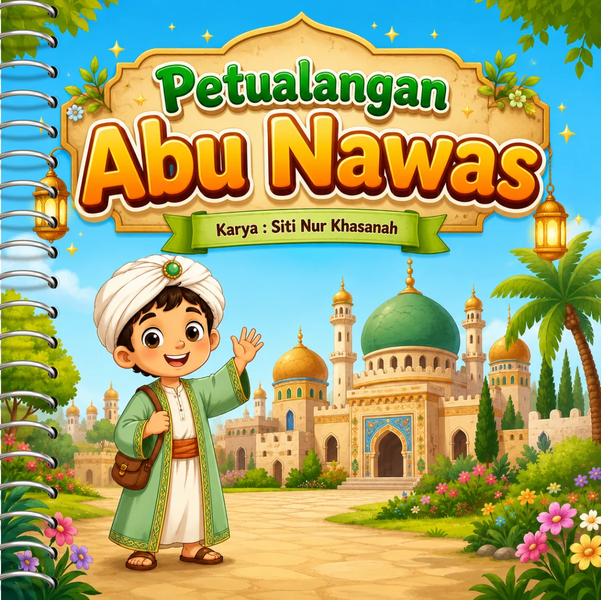 Ilustrasi buku cerita anak, kartun lucu, warna pastel cerah, full color, ramah anak usia 4–5 tahun, gaya picture book profesional, garis bersih, ekspresi wajah jelas, pencahayaan lembut, latar sed cover
