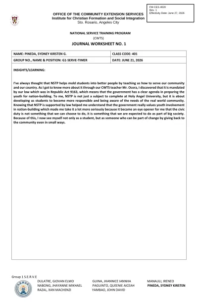 NSTP CWTS Journal Worksheet No. 1 cover