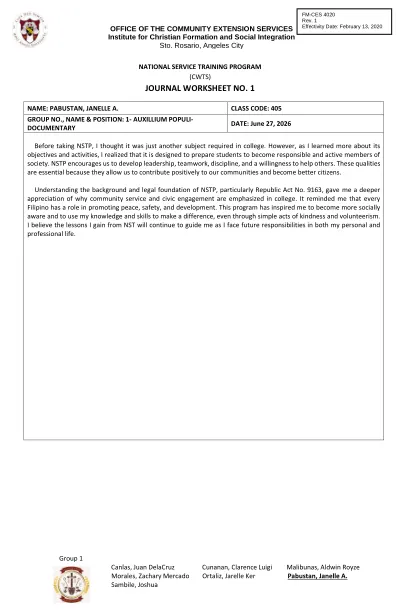 NSTP CWTS Journal Worksheet No. 1 cover