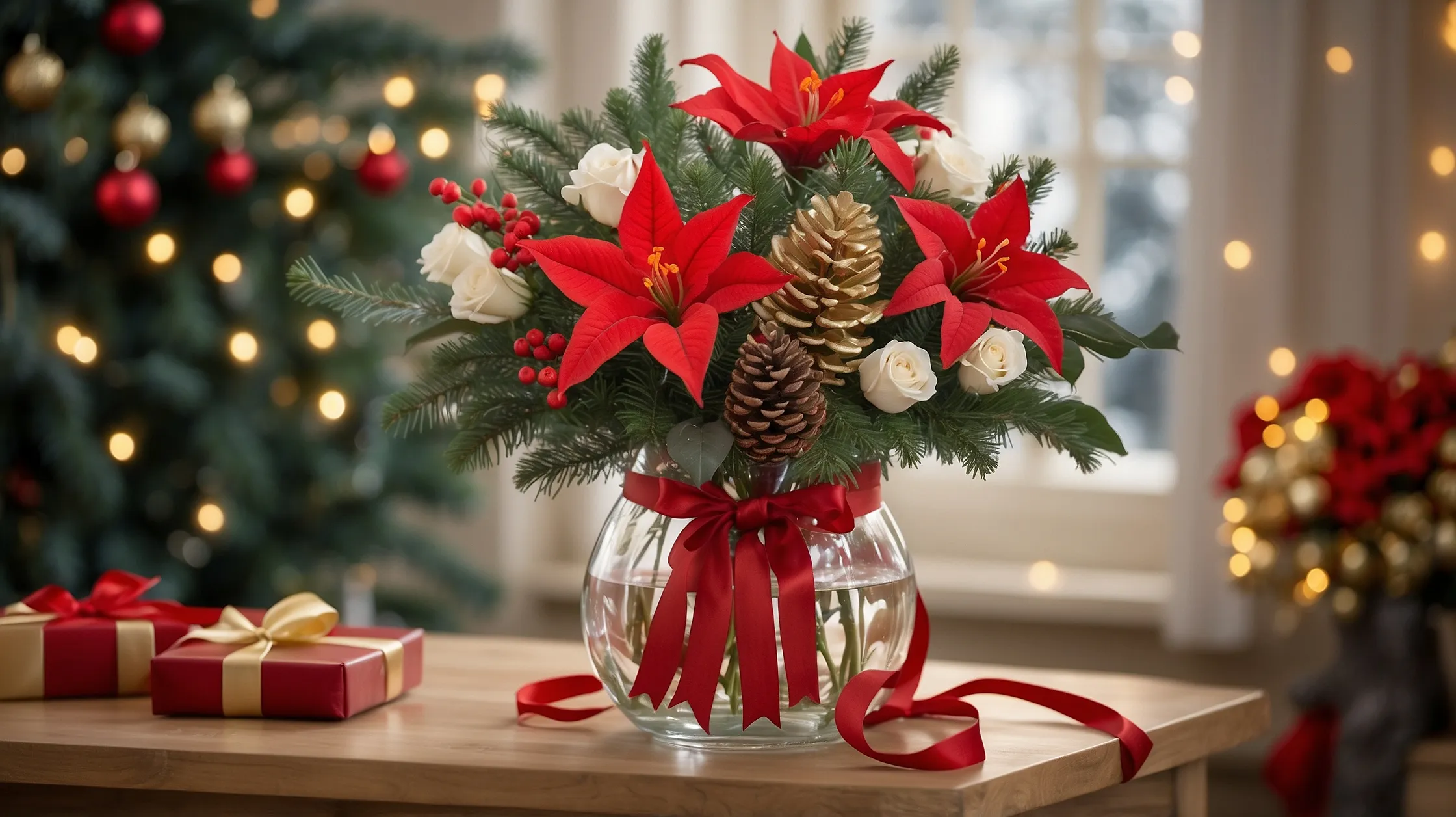 Ein Strauß aus Tannenzweigen und Weihnachtsblumen.