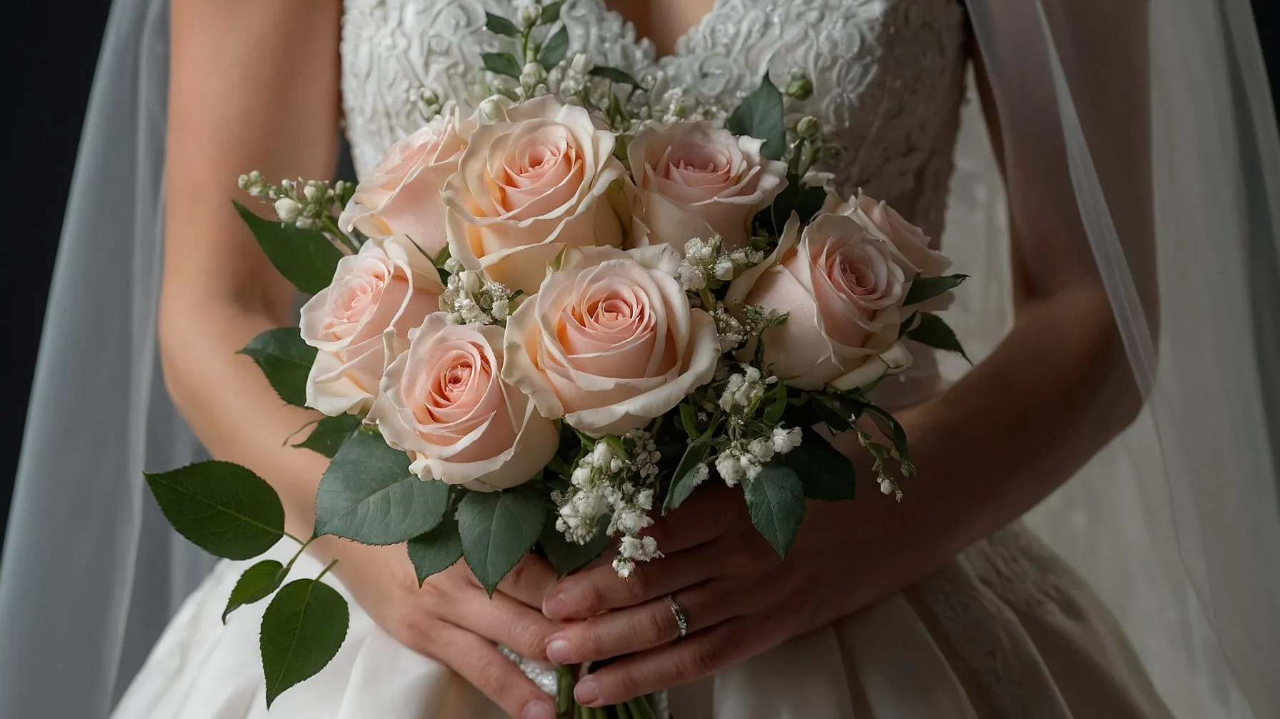 Eine Braut mit einem wunderschönen Brautstrauß aus weißen und rosa Blumen